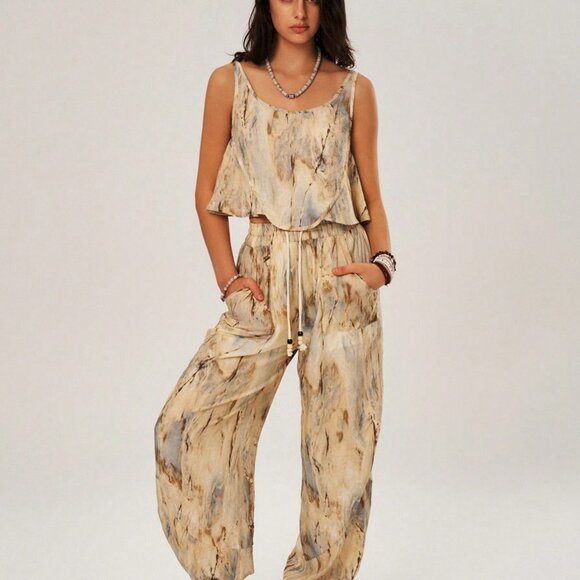 Multicolor Boho Womens TieDye Tank Top & Drawstring Waist Slant Pocket Pants Set - Picture 5 of 5